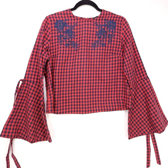 AQUA Checkered Bell Long Sleeve Shirt Floral Embroidery Womens Medium100% Cotton - Picture 1 of 14